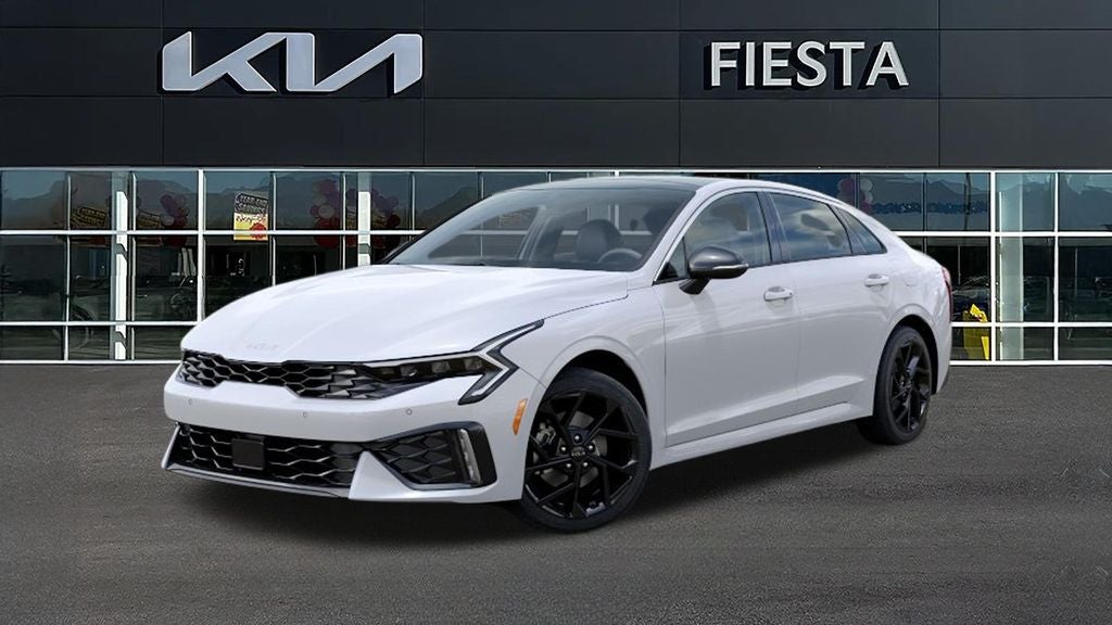 2026 Kia K5 GT-Line in Snow White Pearl — front three-quarter view
