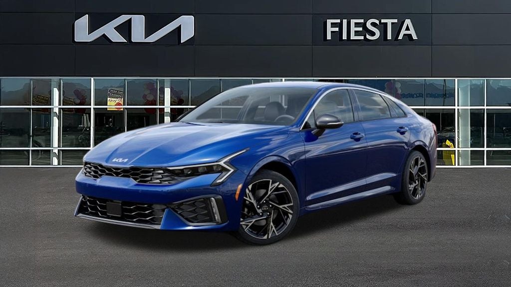 2026 Kia K5 GT-Line in Blue — front three-quarter view